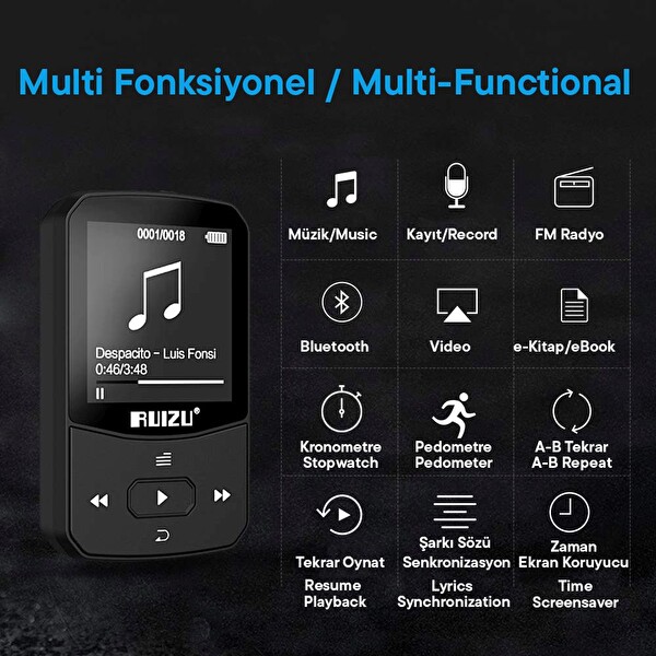 Ruizu X52 MP3 Çalar Bluetooth 5.0 8 GB FM Radyo Pedometre Saat