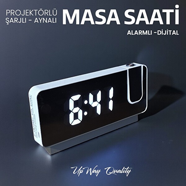 Upway Fonksiyonel Projektörlü Aynalı Alarmlı Şarjlı Dijital Masa Saati