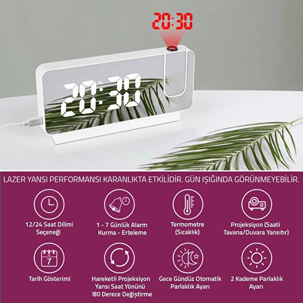 Upway Fonksiyonel Projektörlü Aynalı Alarmlı Şarjlı Dijital Masa Saati