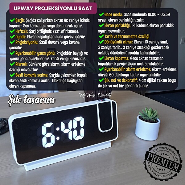 Upway Fonksiyonel Projektörlü Aynalı Alarmlı Şarjlı Dijital Masa Saati