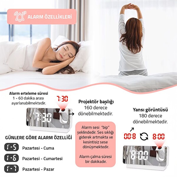 Upway Fonksiyonel Projektörlü Aynalı Alarmlı Şarjlı Dijital Masa Saati