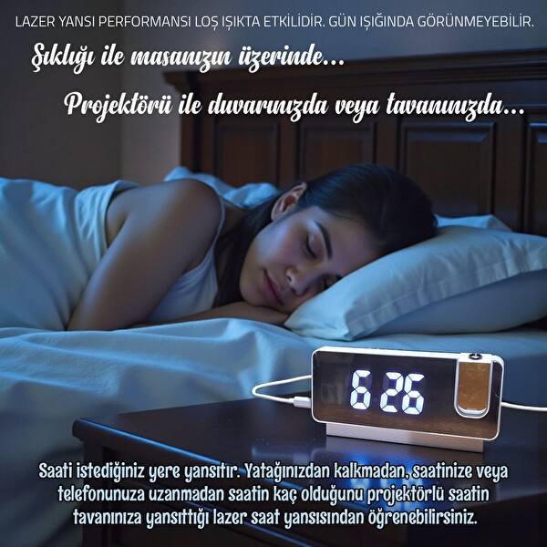 Upway Fonksiyonel Projektörlü Aynalı Alarmlı Şarjlı Dijital Masa Saati