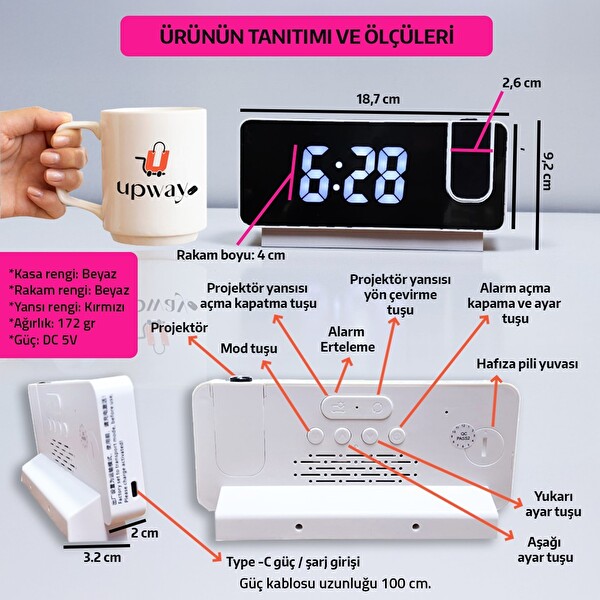 Upway Fonksiyonel Projektörlü Aynalı Alarmlı Şarjlı Dijital Masa Saati