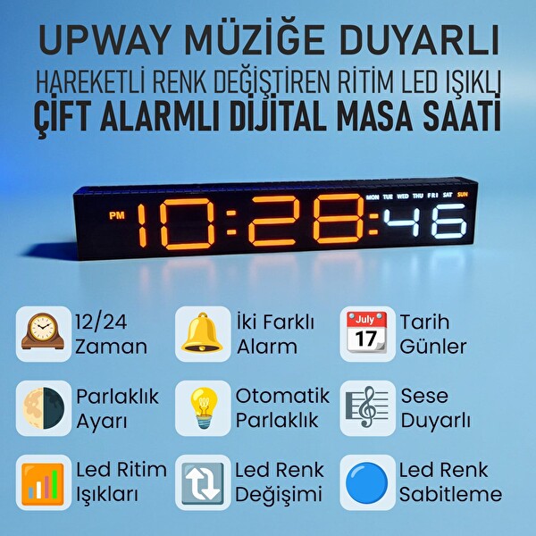 Upway Müziğe Duyarlı Ritim Işıklı Dijital Masa Saati - Sese Duyarlı HD LED Panel Ekran