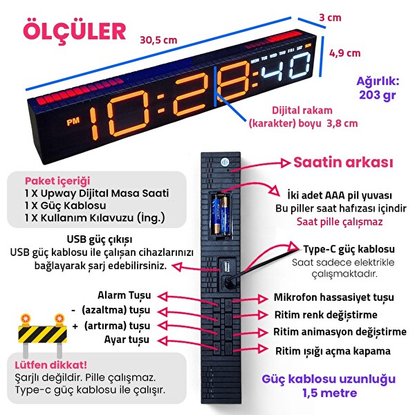 Upway Müziğe Duyarlı Ritim Işıklı Dijital Masa Saati - Sese Duyarlı HD LED Panel Ekran