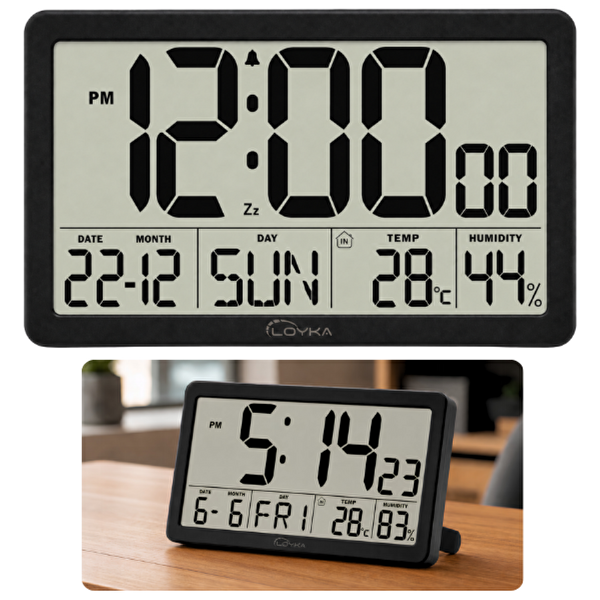 Loyka LCDSY75 Siyah Dijital LCD Saat - Tarih Sıcaklık ve Nem Göstergeli