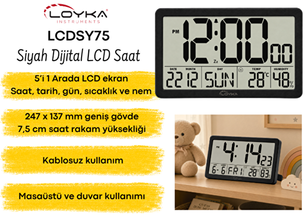 Loyka LCDSY75 Siyah Dijital LCD Saat - Tarih Sıcaklık ve Nem Göstergeli