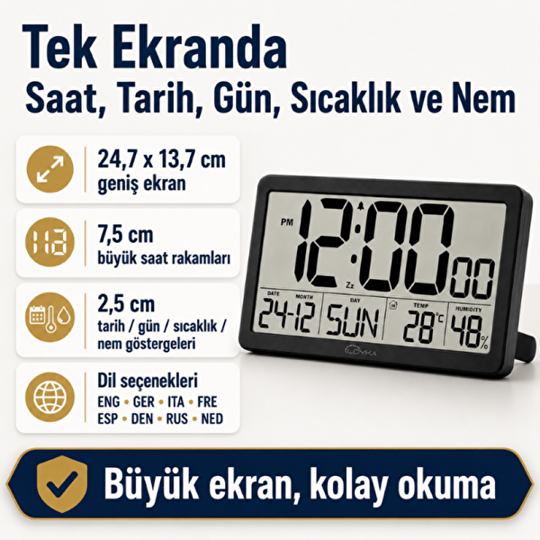 Loyka LCDSY75 Siyah Dijital LCD Saat - Tarih Sıcaklık ve Nem Göstergeli