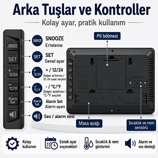 Loyka LCDSY75 Siyah Dijital LCD Saat - Tarih Sıcaklık ve Nem Göstergeli
