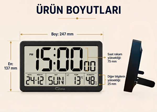 Loyka LCDSY75 Siyah Dijital LCD Saat - Tarih Sıcaklık ve Nem Göstergeli