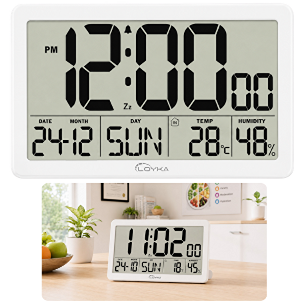 Loyka LCDBY75 Beyaz Dijital LCD Saat - Tarih Sıcaklık ve Nem Göstergeli