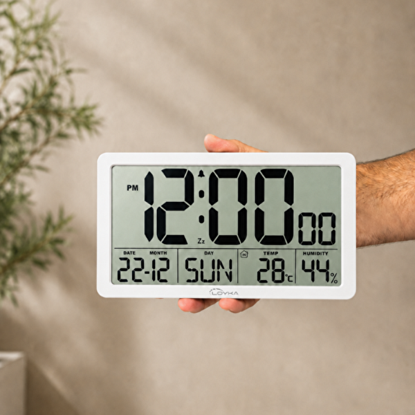 Loyka LCDBY75 Beyaz Dijital LCD Saat - Tarih Sıcaklık ve Nem Göstergeli