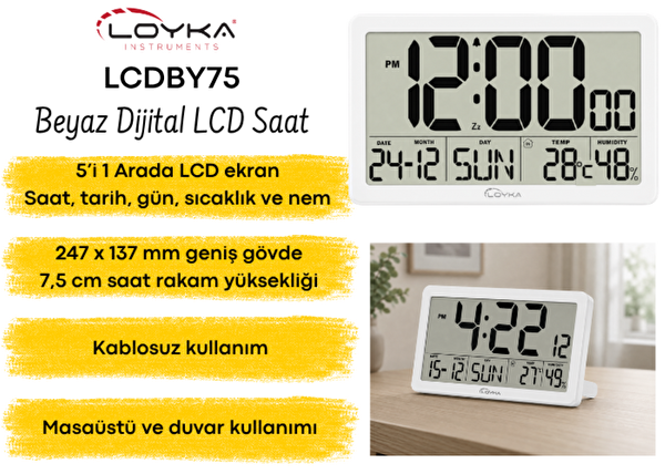 Loyka LCDBY75 Beyaz Dijital LCD Saat - Tarih Sıcaklık ve Nem Göstergeli