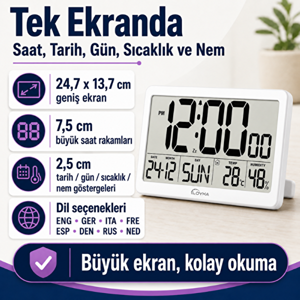 Loyka LCDBY75 Beyaz Dijital LCD Saat - Tarih Sıcaklık ve Nem Göstergeli
