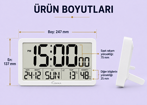 Loyka LCDBY75 Beyaz Dijital LCD Saat - Tarih Sıcaklık ve Nem Göstergeli