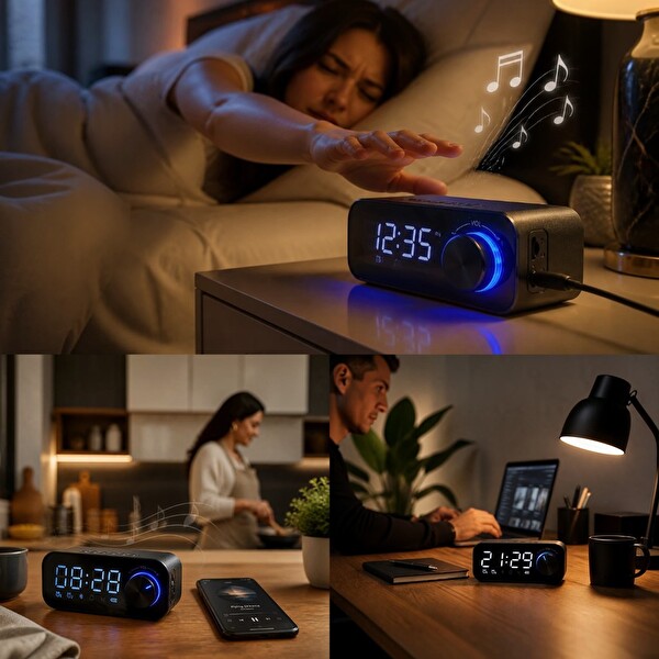 Upway LED Işıklı  SD Kart Çift Alarm Dijital Masa Saati Bluetooth Hoparlör 2