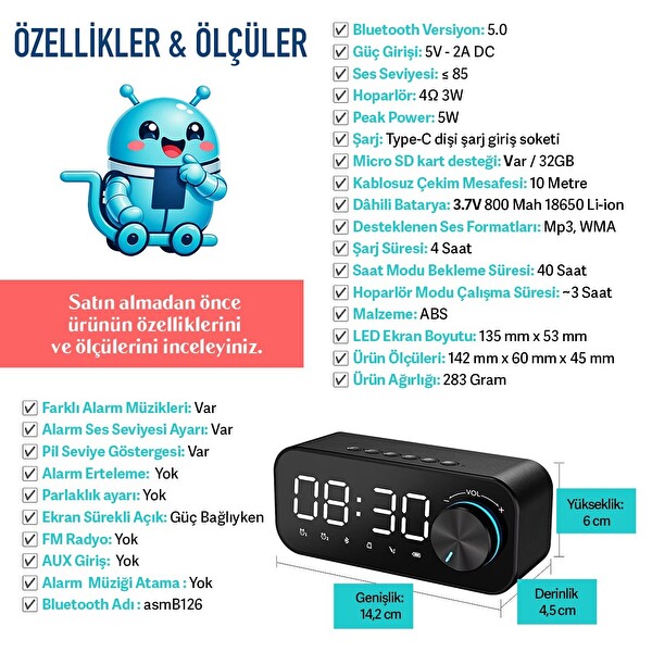 Upway LED Işıklı  SD Kart Çift Alarm Dijital Masa Saati Bluetooth Hoparlör 4