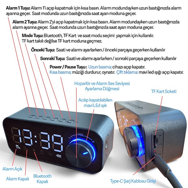 Upway LED Işıklı  SD Kart Çift Alarm Dijital Masa Saati Bluetooth Hoparlör 5