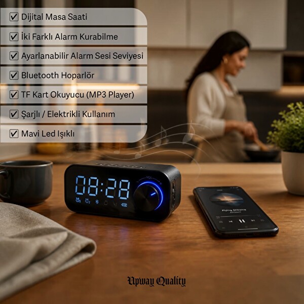 Upway LED Işıklı  SD Kart Çift Alarm Dijital Masa Saati Bluetooth Hoparlör 6