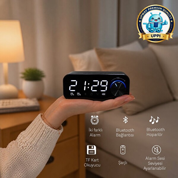 Upway LED Işıklı  SD Kart Çift Alarm Dijital Masa Saati Bluetooth Hoparlör 8