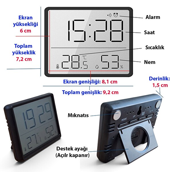 Upway Mıknatıslı Kompakt Mini Model Dijital Sıcaklık ve Nem Göstergeli Saat 5