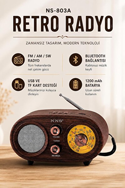 Coverzone NS-803A Bluetooth Retro FM/AM/SW 1200 mAh TF Kart USB Destekli Alarm Saatli Radyo