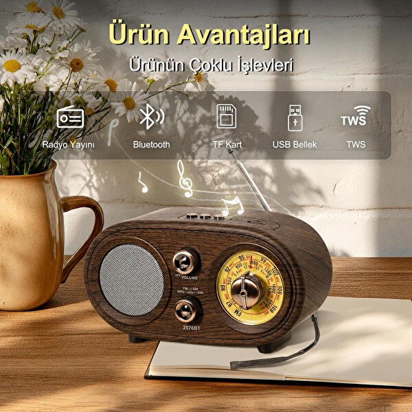 Coverzone NS-803A Bluetooth Retro FM/AM/SW 1200 mAh TF Kart USB Destekli Alarm Saatli Radyo