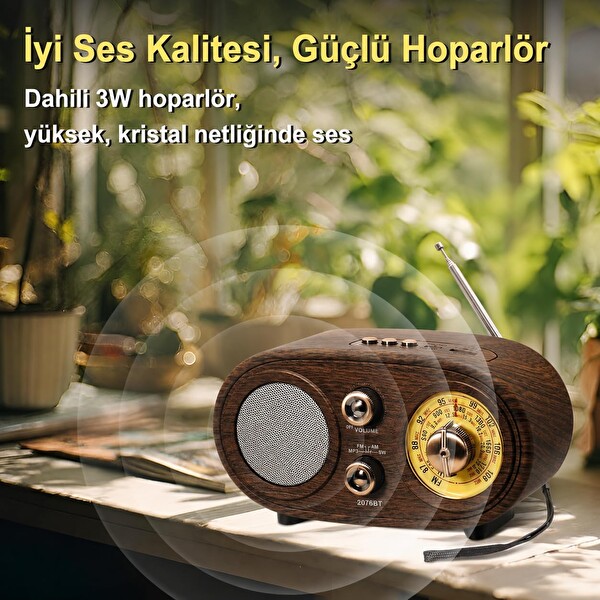 Coverzone NS-803A Bluetooth Retro FM/AM/SW 1200 mAh TF Kart USB Destekli Alarm Saatli Radyo