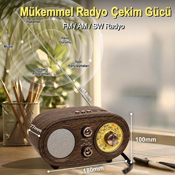 Coverzone NS-803A Bluetooth Retro FM/AM/SW 1200 mAh TF Kart USB Destekli Alarm Saatli Radyo