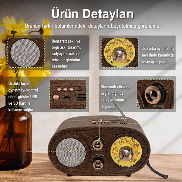 Coverzone NS-803A Bluetooth Retro FM/AM/SW 1200 mAh TF Kart USB Destekli Alarm Saatli Radyo