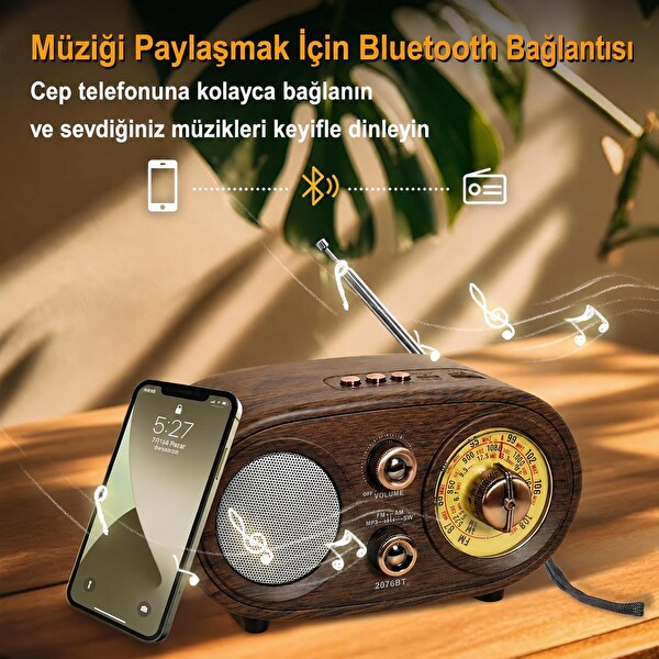 Coverzone NS-803A Bluetooth Retro FM/AM/SW 1200 mAh TF Kart USB Destekli Alarm Saatli Radyo