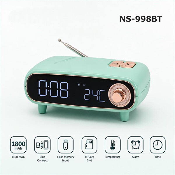 Coverzone TF USB NS-998BT 1800 mAh Bluetooth ENT Dijital Saat Alarm Sıcaklık