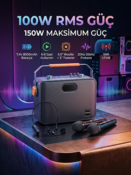 Rose HP-501 Acoustic Taşınabilir Ses Sistemi 150W 2 El 1 Kafa Telsiz Mikrofonlu Set