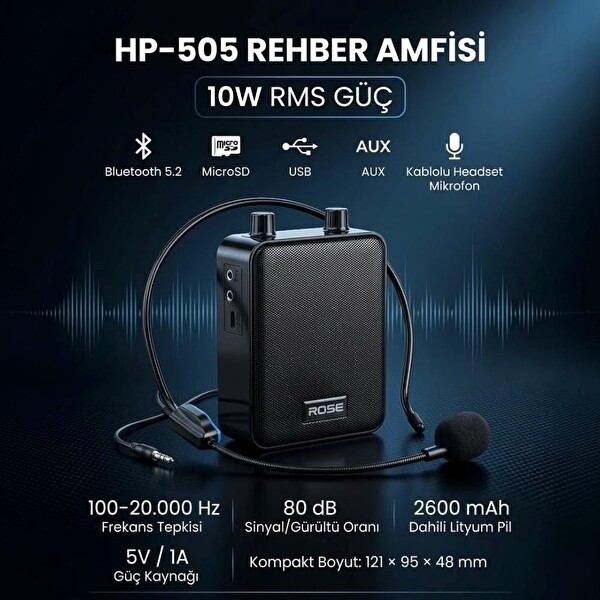 Rose NOVA HP-505K Taşınabilir Şarjlı Mini Rehber Amfisi Kablolu HeadSet Mikrofonlu