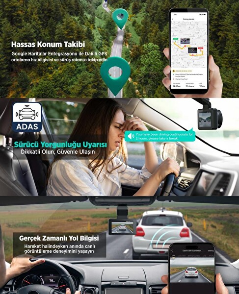 360+ Botslab G500H Pro ADAS Ön 3K QHD - Arka 1080P FHD 150° Geniş Açı WiFi+GPS Gece Görüşlü Araç İçi Kamera