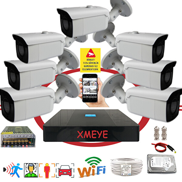 7 Kameralı Yüz Tanımalı Hareket Algılayan 5 MP Lens 24 SMD LED Metal Kasa Güvenlik Kamerası Seti BS224