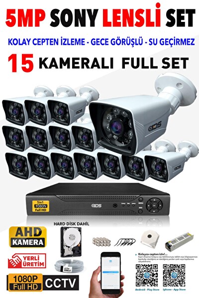 IDS Cepten İzle 15 Kameralı Gece Görüşlü Su Geçirmez 5MP Lensli 1080p FullHD Kamera Seti