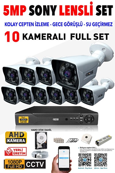 IDS Cepten İzle 10 Kameralı Gece Görüşlü Su Geçirmez 5 MP Lensli 1080P FHD Kamera Seti DS-2021HD-SET10