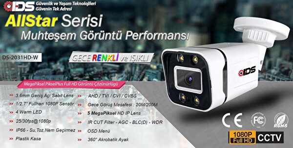 IDS Cepten İzle Su Geçirmez 5 Kameralı 5mp Sony Lensli 1080p FullHD Gece Renkli Full Kamera Seti DS-2031HD-WL-SET5-NOHDD