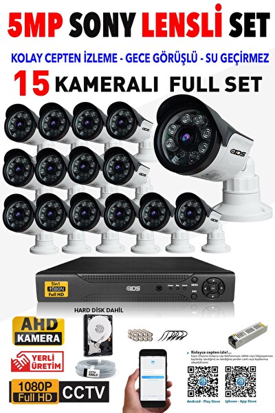 IDS Cepten İzle 15 Kameralı Set 5mp Sony Lensli Full HD Gece Görüşlü Güvenlik Kamerası Sistemi - DS-2015HD-SET15-ARRAY