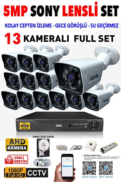 IDS Cepten İzle Su Geçirmez 13 Kameralı 5mp Lensli 1080p FullHD Gece Görüşlü Kamera Seti DS-2021HD-SET13