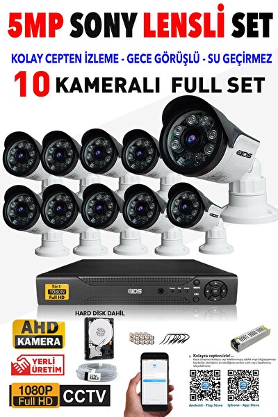 IDS Cepten İzle Gece Görüşlü 10 Kameralı 5 MP Sony Lensli FHD Güvenlik Kamerası Sistemi DS-2015HD-SET10-ARRAY