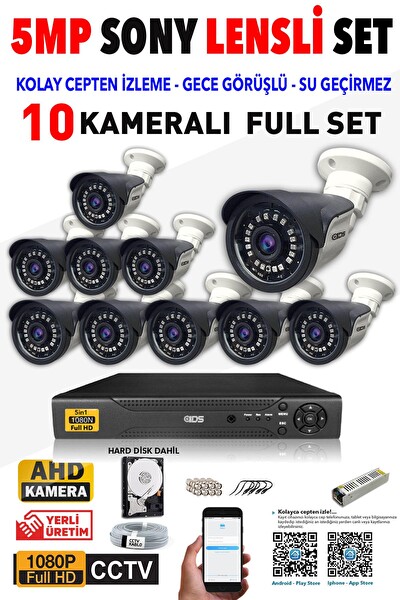 IDS Cepten İzle 10 Kameralı 5 MP Sony Lensli FHD Gece Görüşlü Güvenlik Kamerası Sistemi DS-2015HDSET10