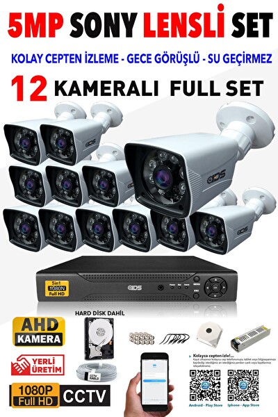 IDS Cepten İzle 12 Kameralı Gece Görüşlü Su Geçirmez 5 MP Lensli 1080P FHD Kamera Seti DS-2021HD-SET12