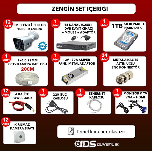 IDS Cepten İzle 12 Kameralı Gece Görüşlü Su Geçirmez 5 MP Lensli 1080P FHD Kamera Seti DS-2021HD-SET12