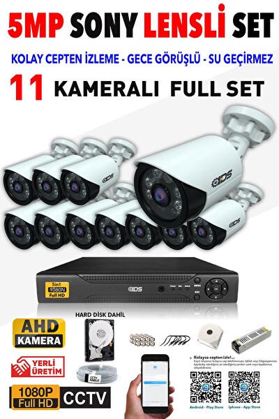 IDS Cepten İzle 11 Kameralı Gece Görüşlü Su Geçirmez 5 MP Lensli 1080P FHD Kamera Seti DS-2020HD-SET11