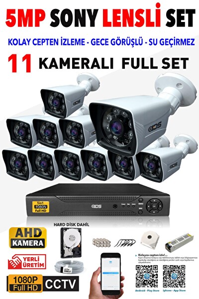 IDS Cepten İzle 11 Kameralı Gece Görüşlü Su Geçirmez 5 MP Lensli 1080P FHD Kamera Seti DS-2021HD-SET11