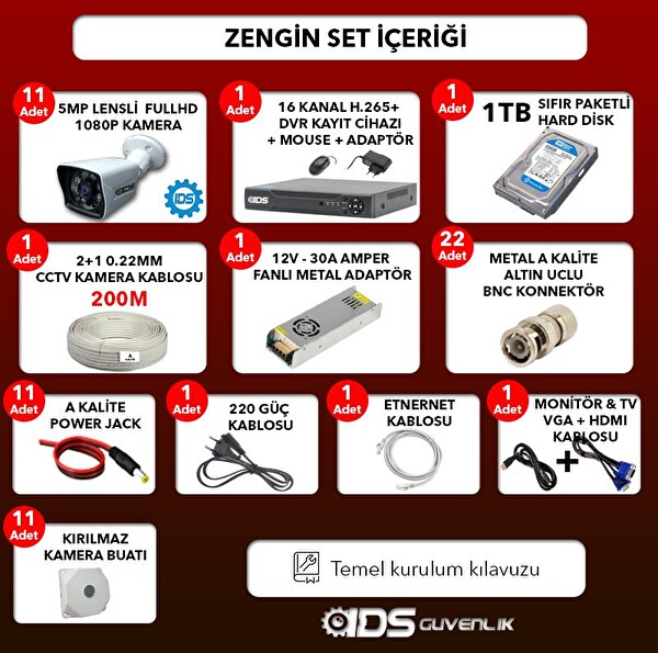 IDS Cepten İzle 11 Kameralı Gece Görüşlü Su Geçirmez 5 MP Lensli 1080P FHD Kamera Seti DS-2021HD-SET11