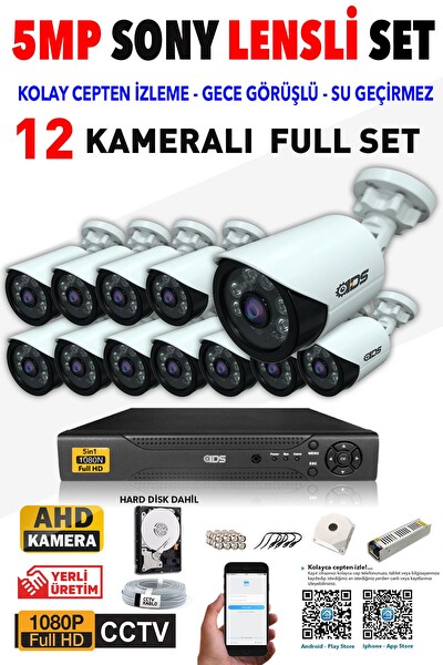 IDS Cepten İzle 12 Kameralı Gece Görüşlü Su Geçirmez 5 MP Lensli 1080P FHD Kamera Seti DS-2020HD-SET12