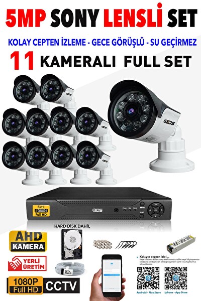 IDS Cepten İzle 11 Kameralı Gece Görüşlü 5 MP Sony Lensli FHD Güvenlik Kamerası Sistemi DS-2015HD-SET11-ARRAY